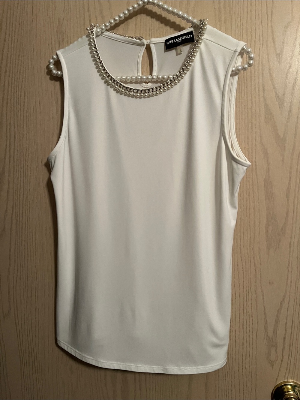 Karl Lagerfeld Pearl-Trim Sleeveless Camisole in White